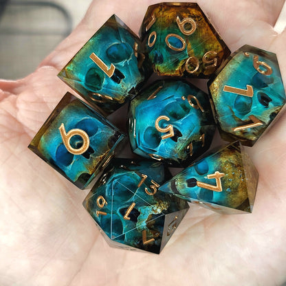 Dnd Dice set for role playing for Dungeons and Dragons with skull inside and bronze numbers