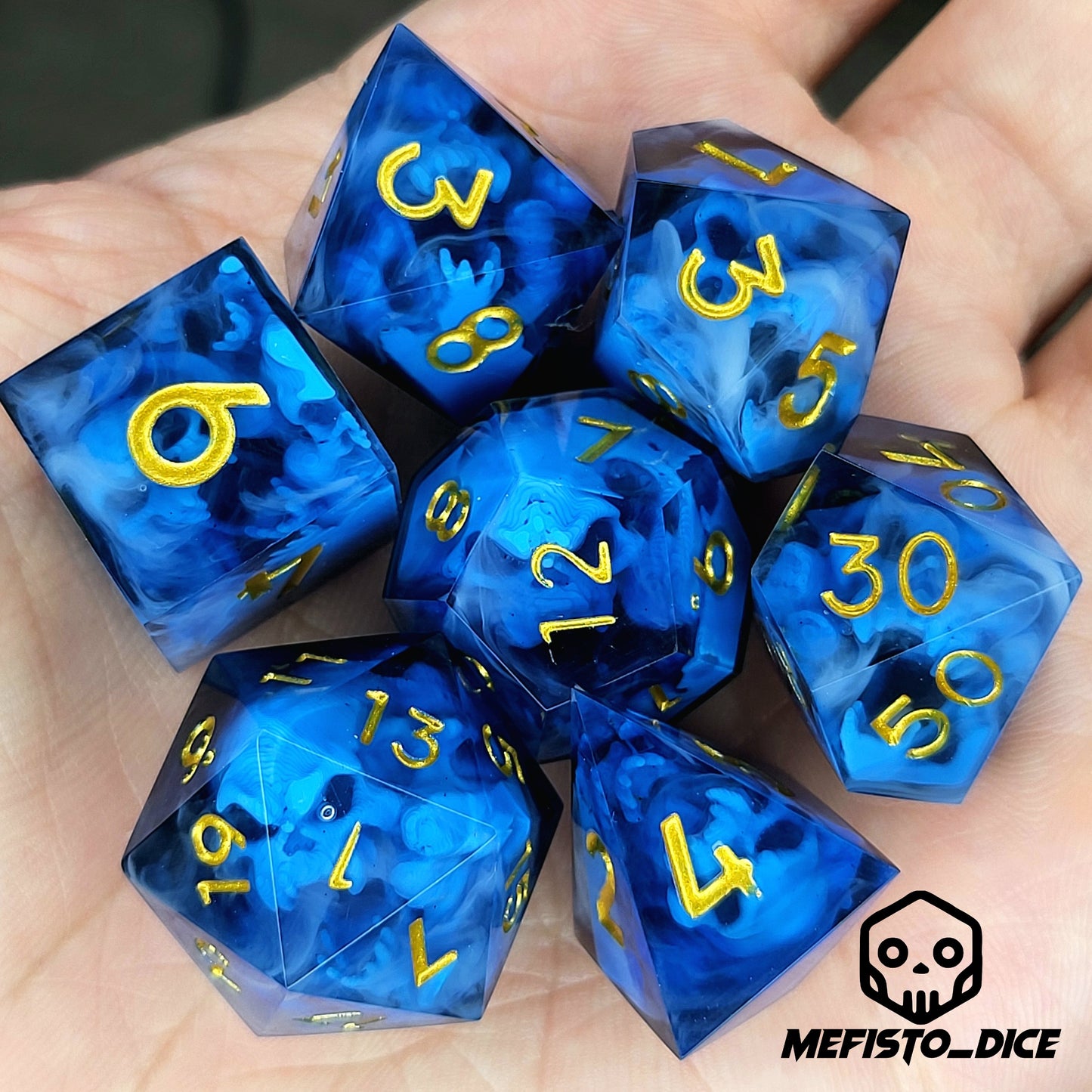 Dice set with blue spirit inside and black resin for play dnd , dungeons and dragons