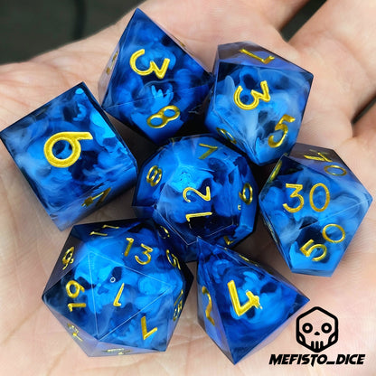 Dice set with blue spirit inside and black resin for play dnd , dungeons and dragons