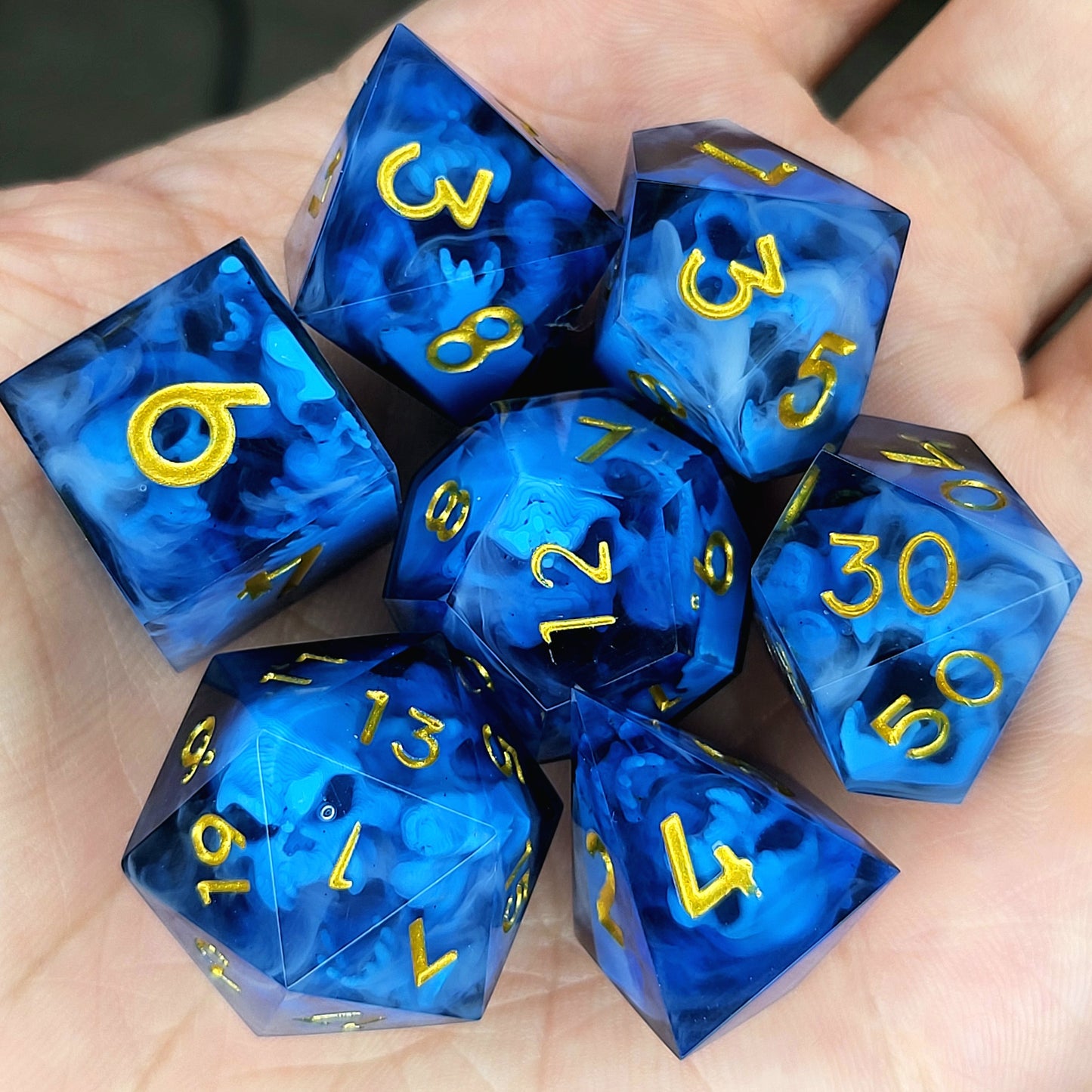 Dice set with blue spirit inside and black resin for play dnd , dungeons and dragons
