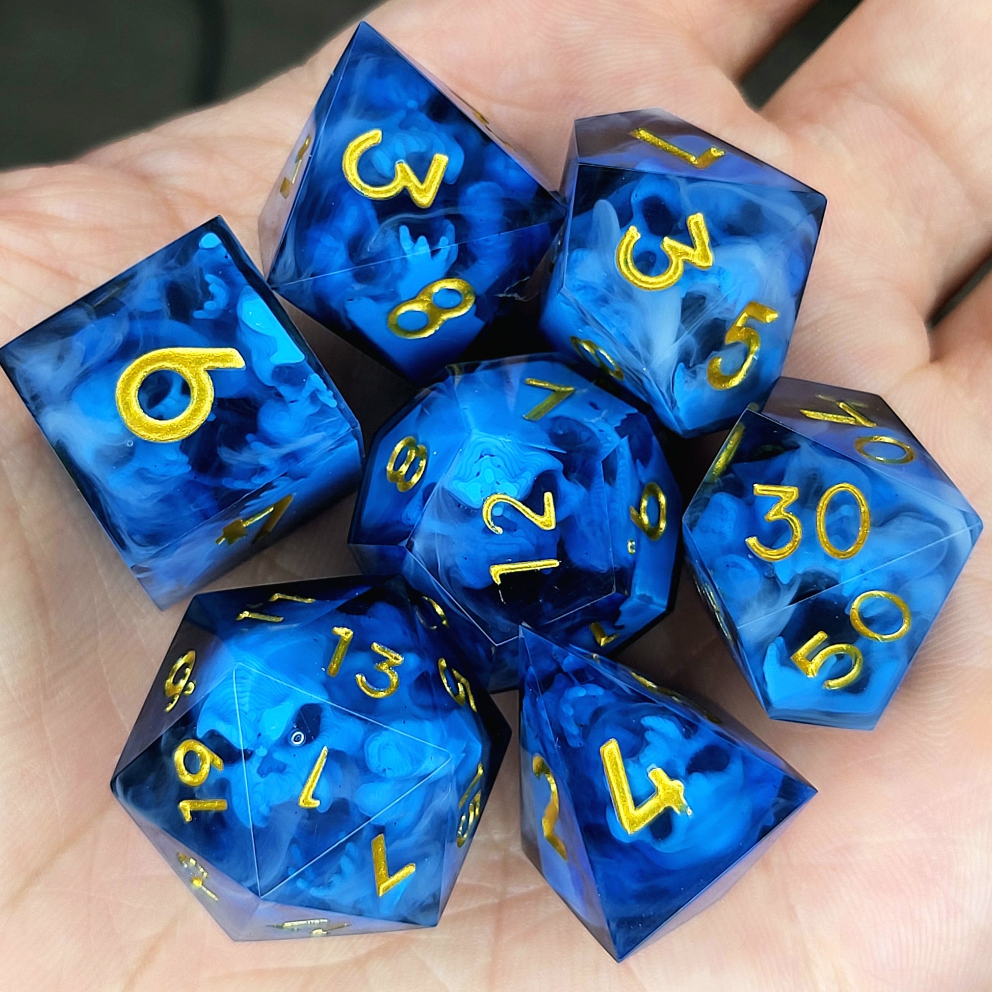Dice set with blue spirit inside and black resin for play dnd , dungeons and dragons