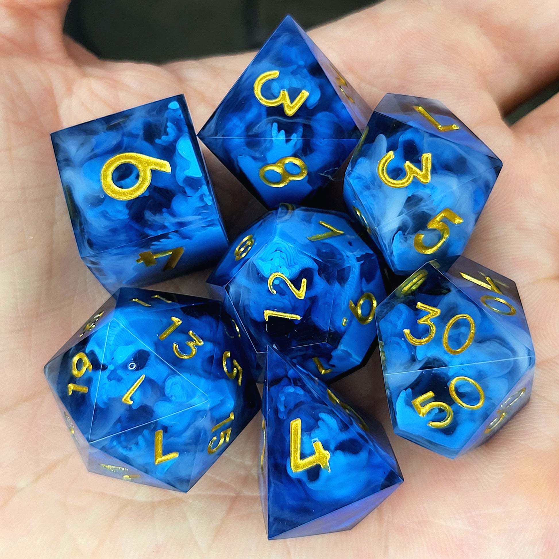 Dice set with blue spirit inside and black resin for play dnd , dungeons and dragons