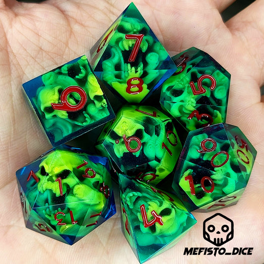 Dice set with yellow spirit inside and blue resin for play dnd , dungeons and dragons