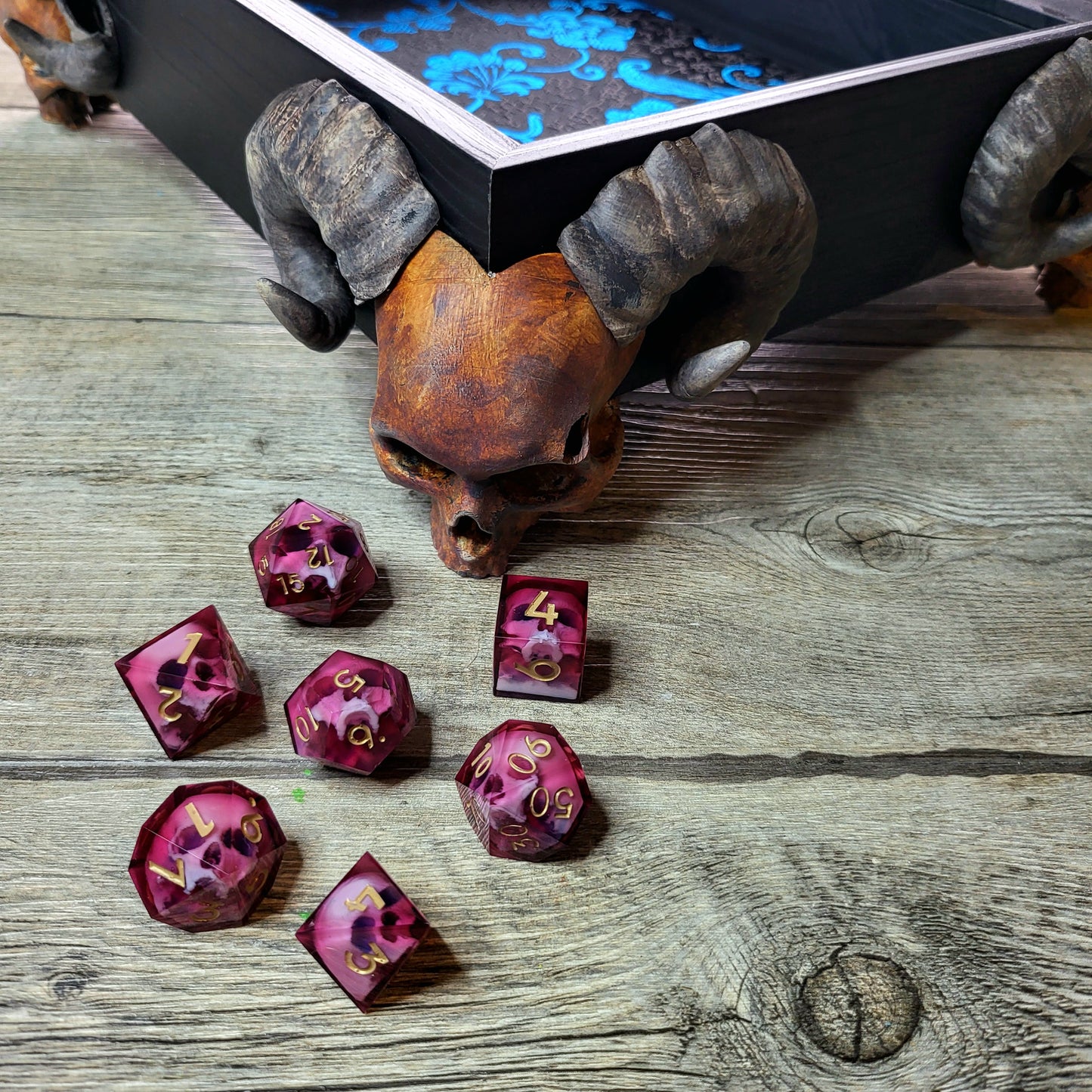 Dice tray with skull feet for dice rolling for tabletop role playing board games