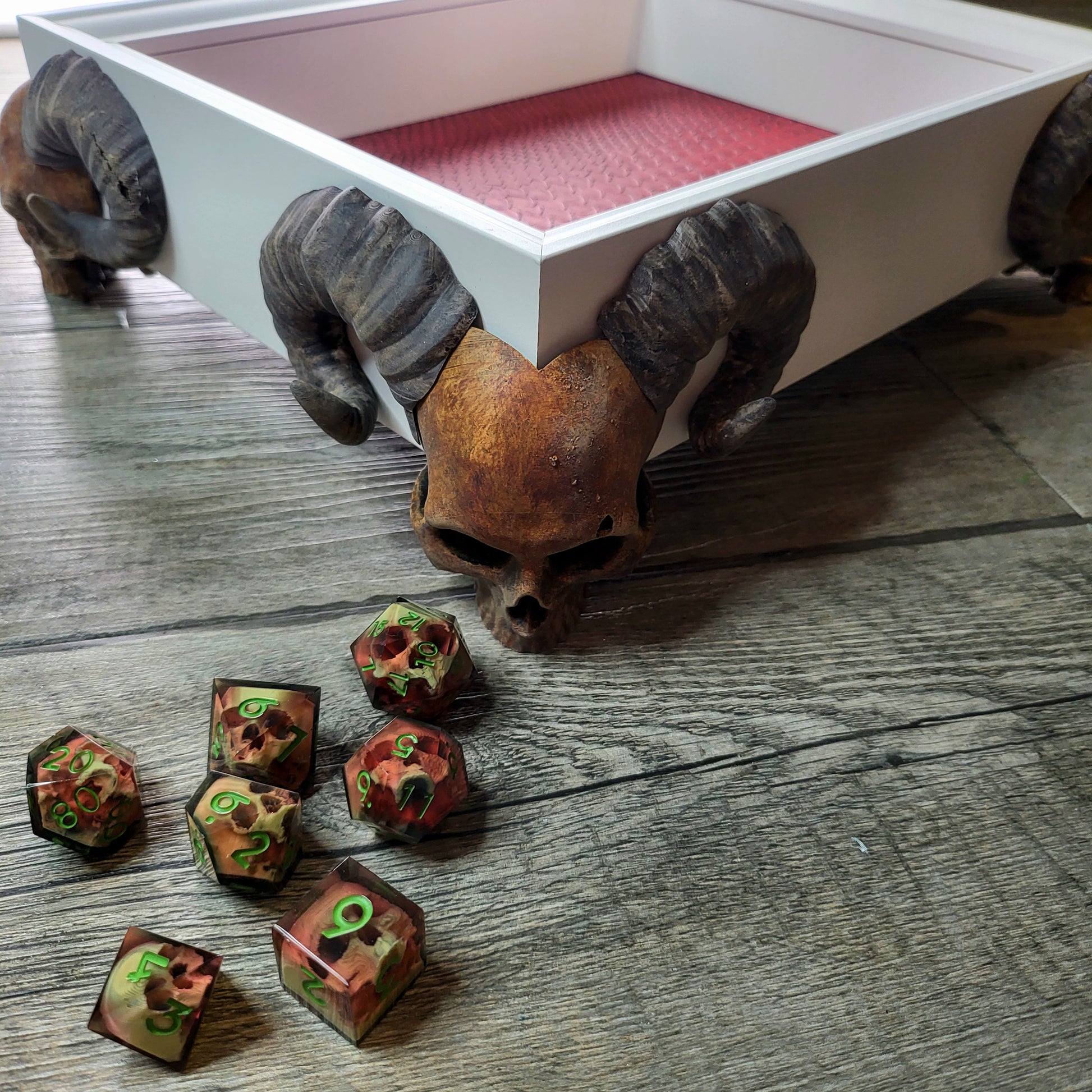 Dice tray with skull feet for dice rolling for tabletop role playing board games
