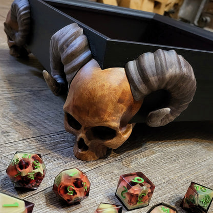 Dice tray with skull feet for dice rolling for tabletop role playing board games