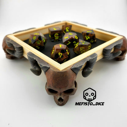 Dice tray with skull feet for dice rolling for tabletop role playing board games