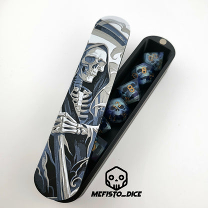 Close-up of a dice box featuring a detailed skeleton reaper illustration in shades of grey and blue, designed for storing RPG dice, handcrafted by Mefisto_Dice.