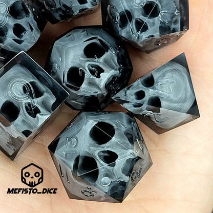 Black translucent polyhedral resin dice set with embedded red skulls inside, perfect for D&D (Dungeons & Dragons) and dark fantasy tabletop RPG campaigns