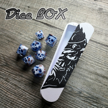 dice box white and black with the goblin printed on it for dnd and dungeons and dragons games