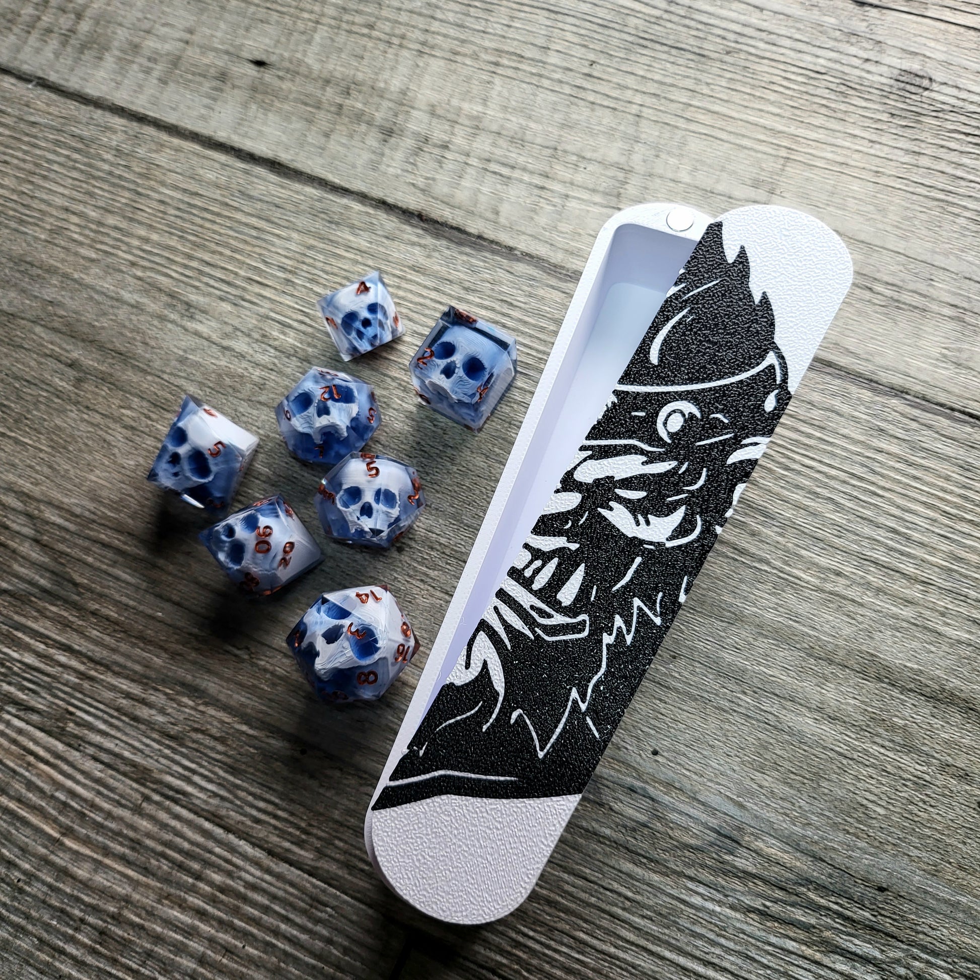 dice box white and black with the goblin printed on it for dnd and dungeons and dragons games