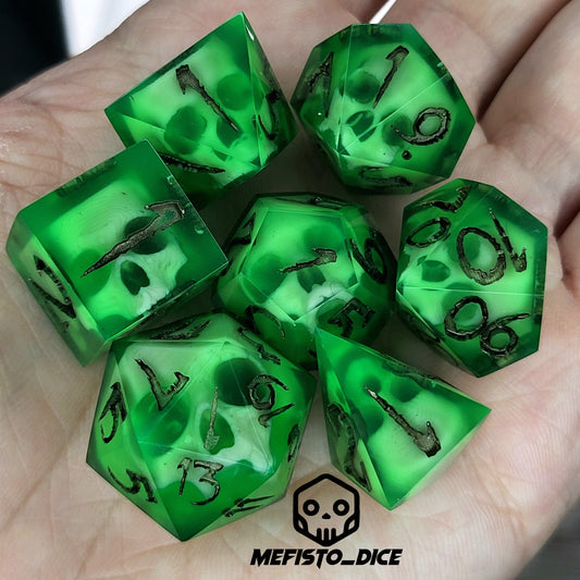 Dnd Dice set for role playing for Dungeons and Dragons with skull inside and dark gold numbers