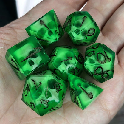 Dnd Dice set for role playing for Dungeons and Dragons with skull inside and dark gold numbers