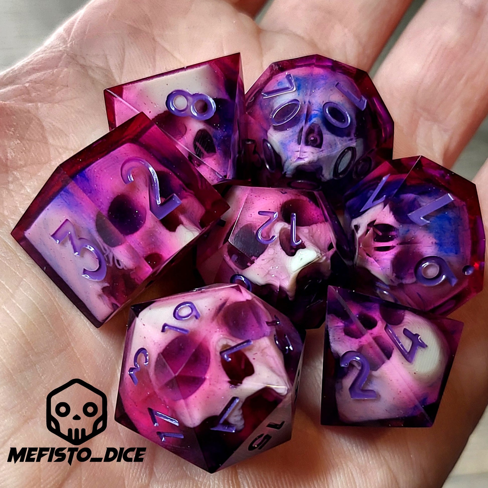Dnd Dice set for role playing for Dungeons and Dragons with skull inside and purple numbers