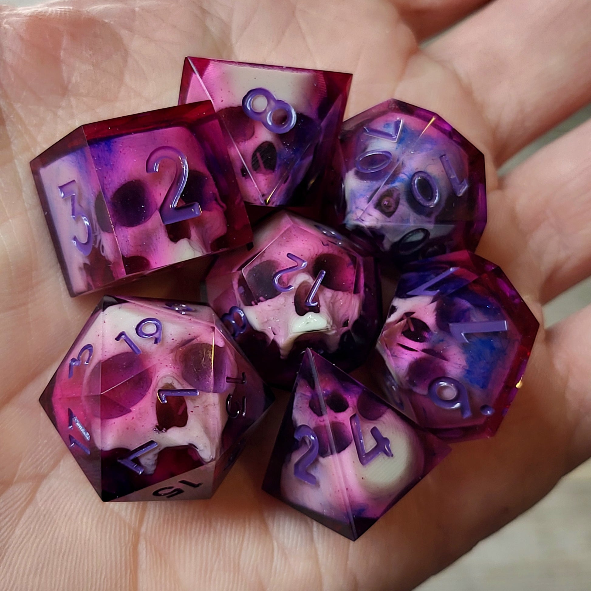 Dnd Dice set for role playing for Dungeons and Dragons with skull inside and purple numbers