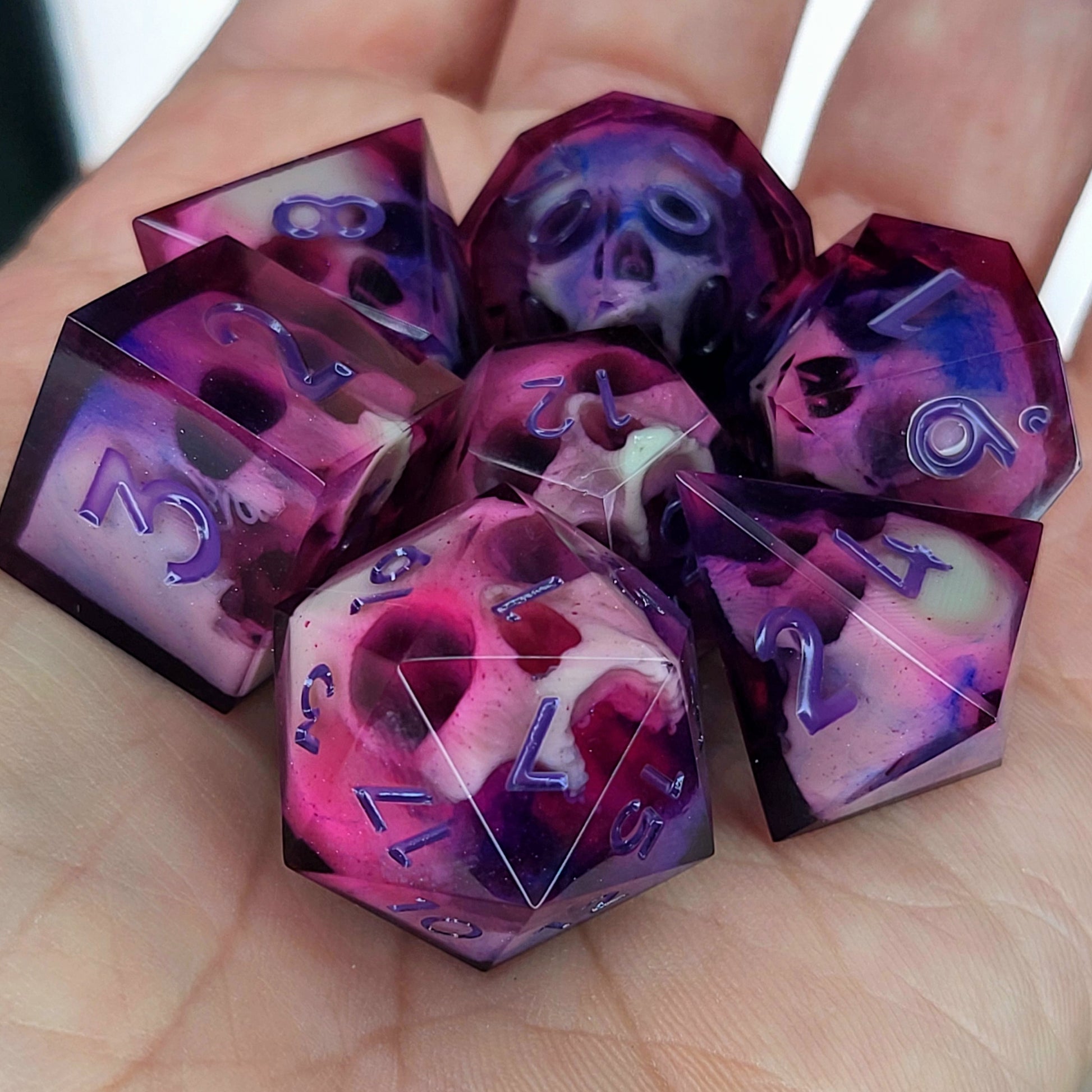 Dnd Dice set for role playing for Dungeons and Dragons with skull inside and purple numbers