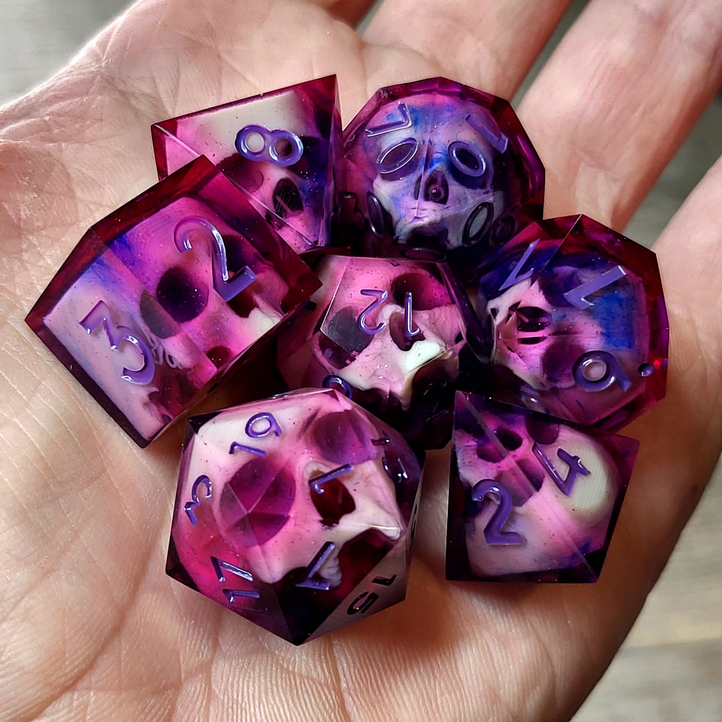 Dnd Dice set for role playing for Dungeons and Dragons with skull inside and purple numbers