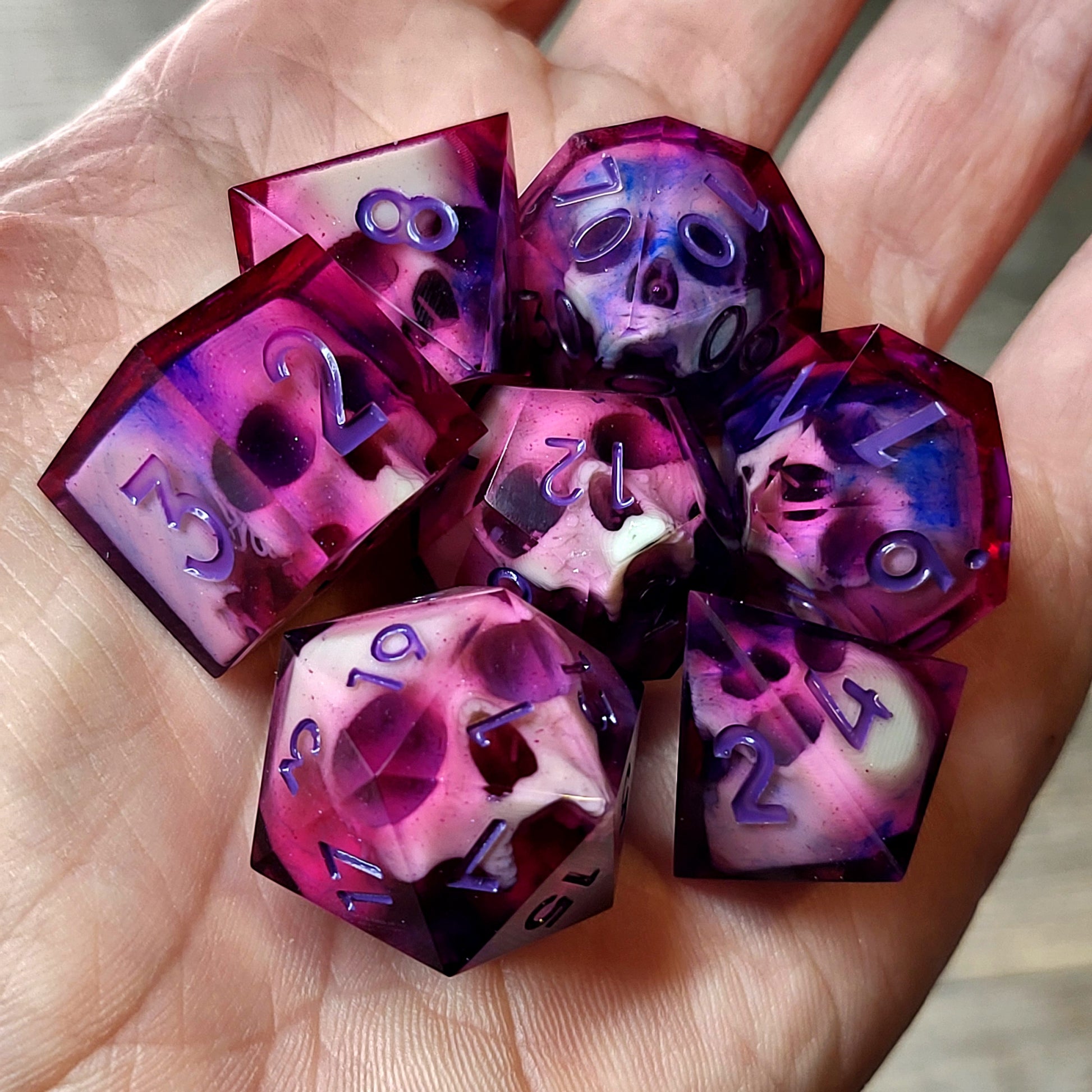 Dnd Dice set for role playing for Dungeons and Dragons with skull inside and purple numbers