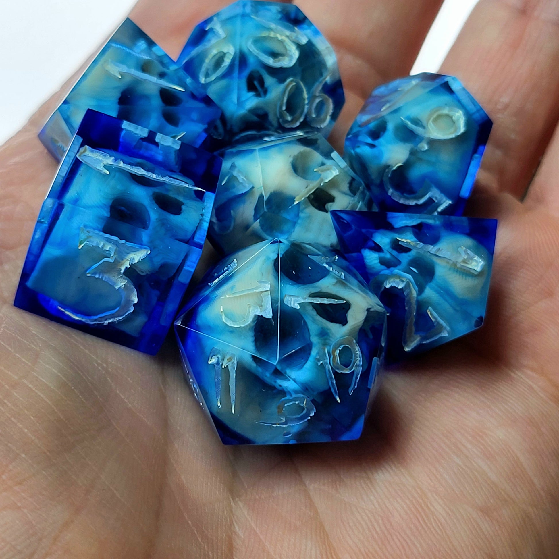 Dnd Dice set for role playing for Dungeons and Dragons with skull inside and silver numbers