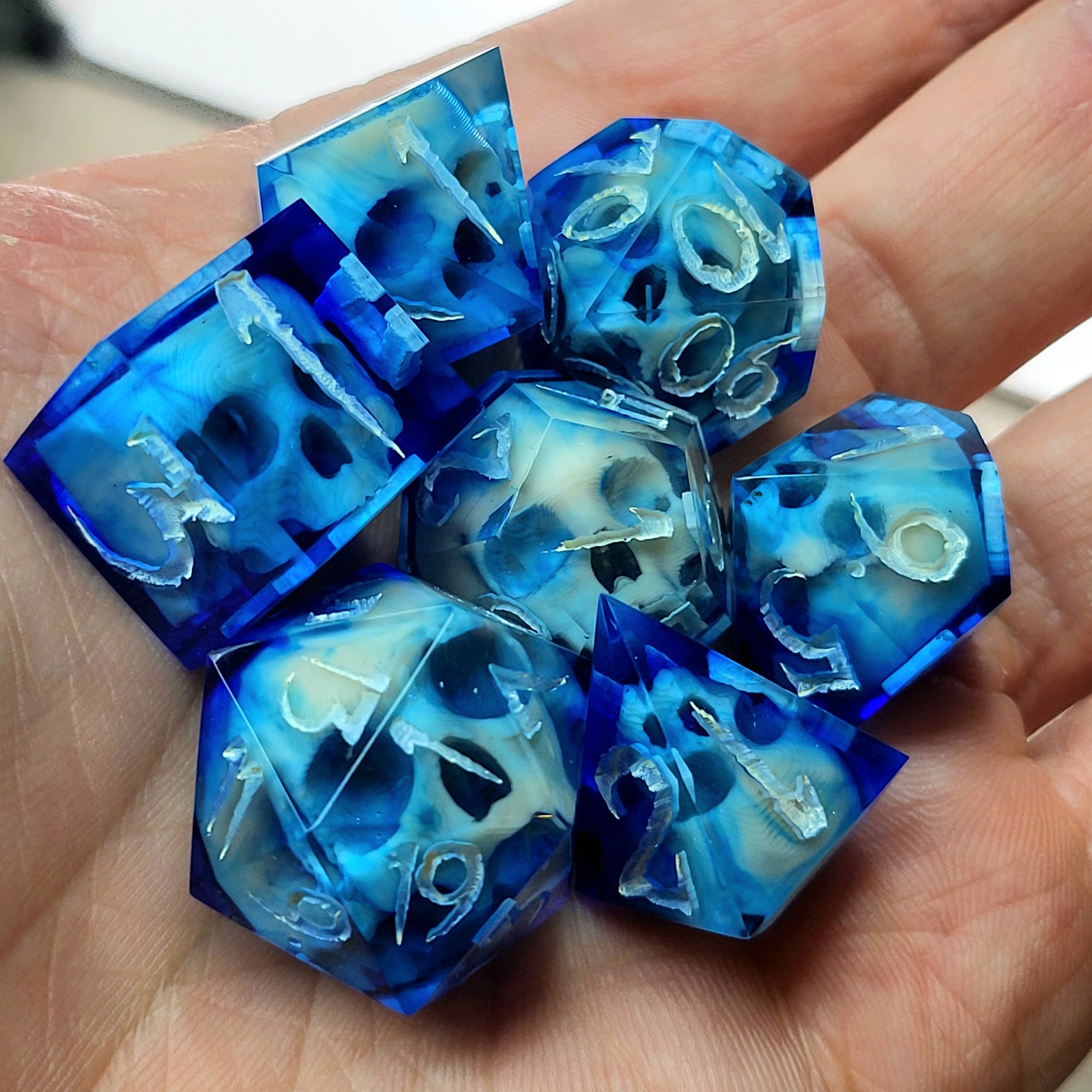 Dnd Dice set for role playing for Dungeons and Dragons with skull inside and silver numbers