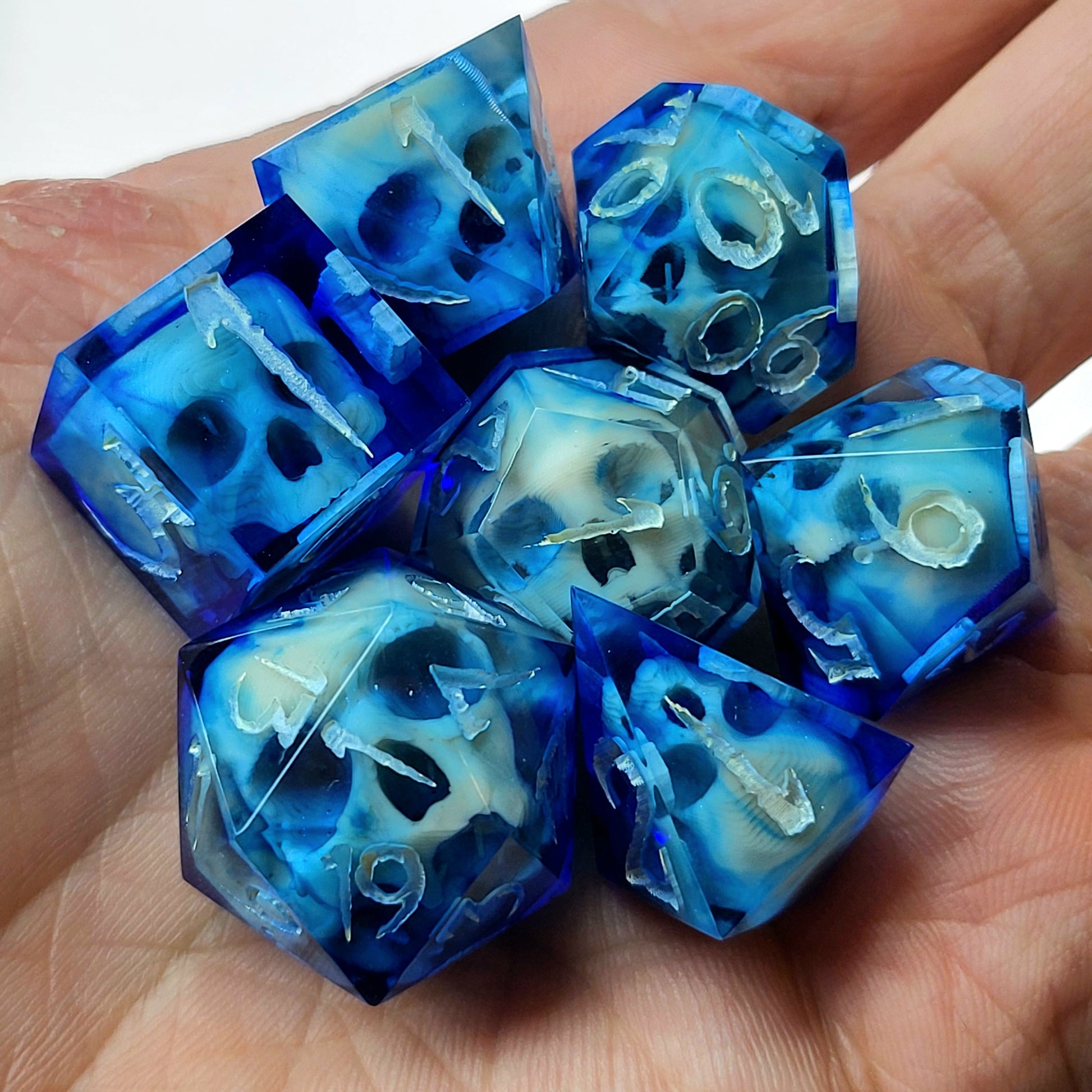 Dnd Dice set for role playing for Dungeons and Dragons with skull inside and silver numbers