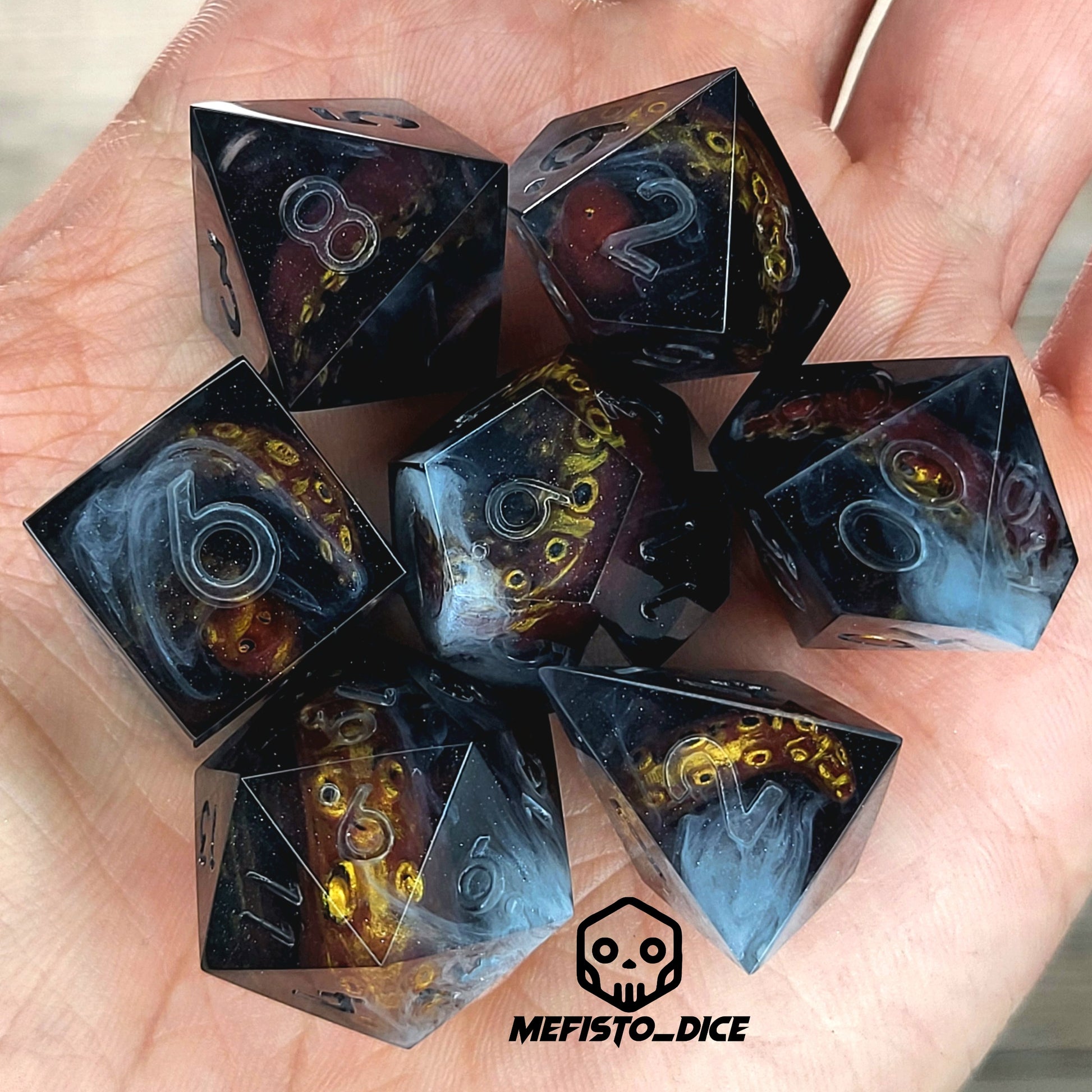 Dice set with white tentacles inside and for play dnd , dungeons and dragons and Call of Cthulhu