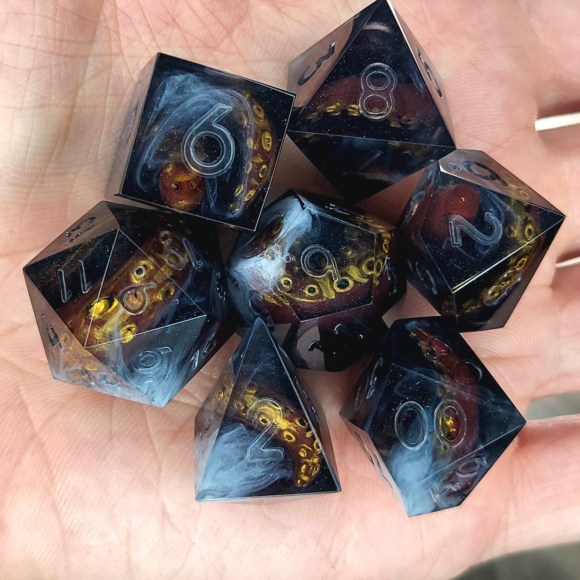 Dice set with white tentacles inside and for play dnd , dungeons and dragons and Call of Cthulhu