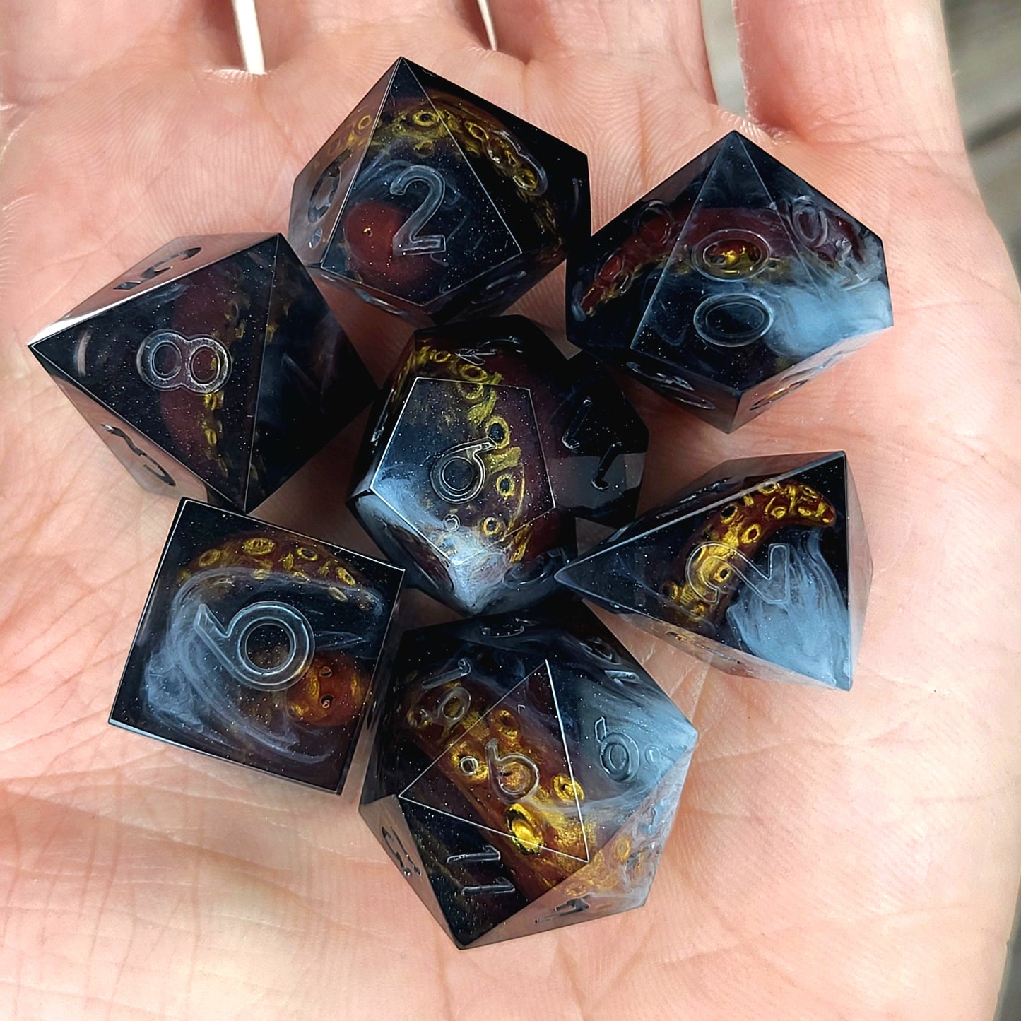 Dice set with white tentacles inside and for play dnd , dungeons and dragons and Call of Cthulhu