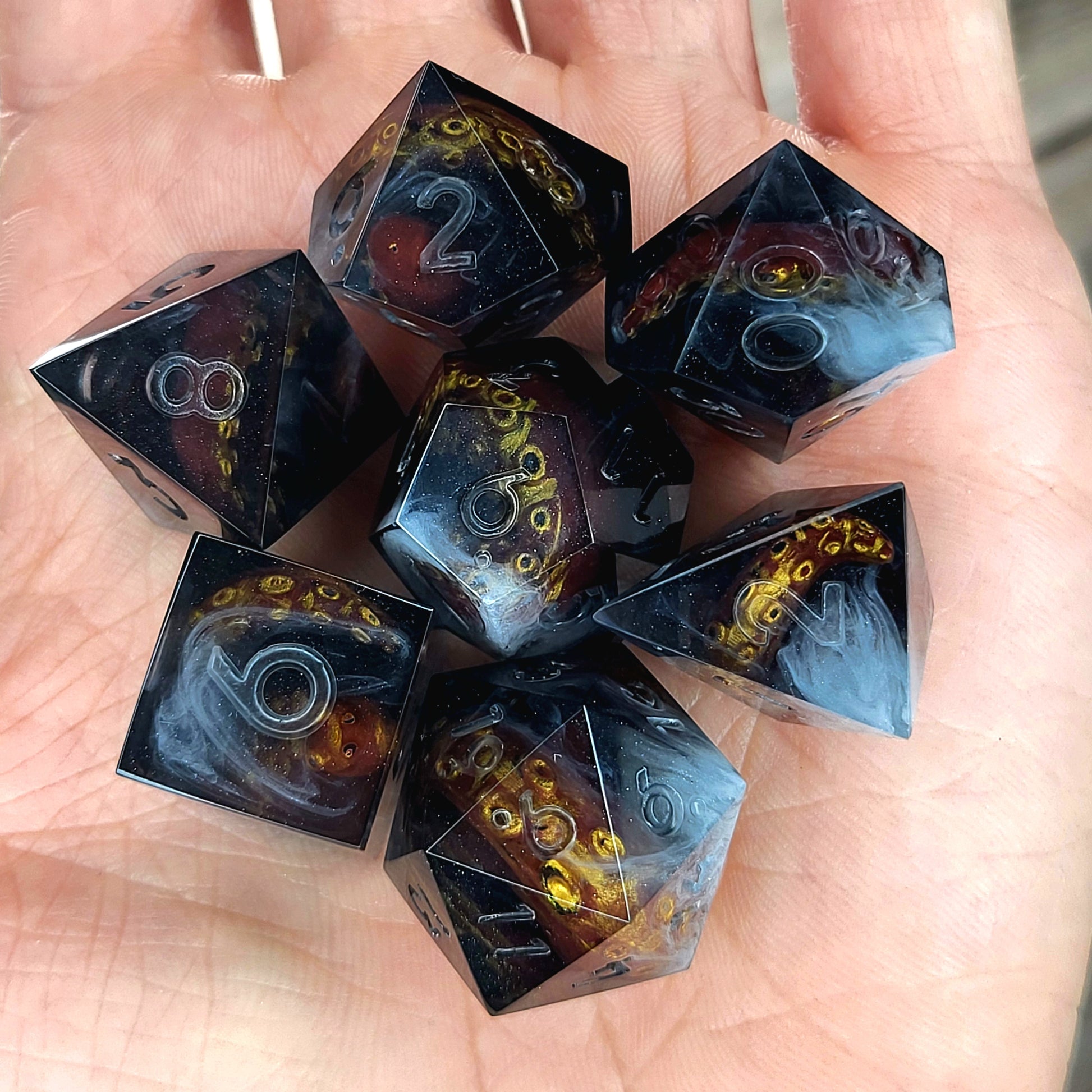 Dice set with white tentacles inside and for play dnd , dungeons and dragons and Call of Cthulhu