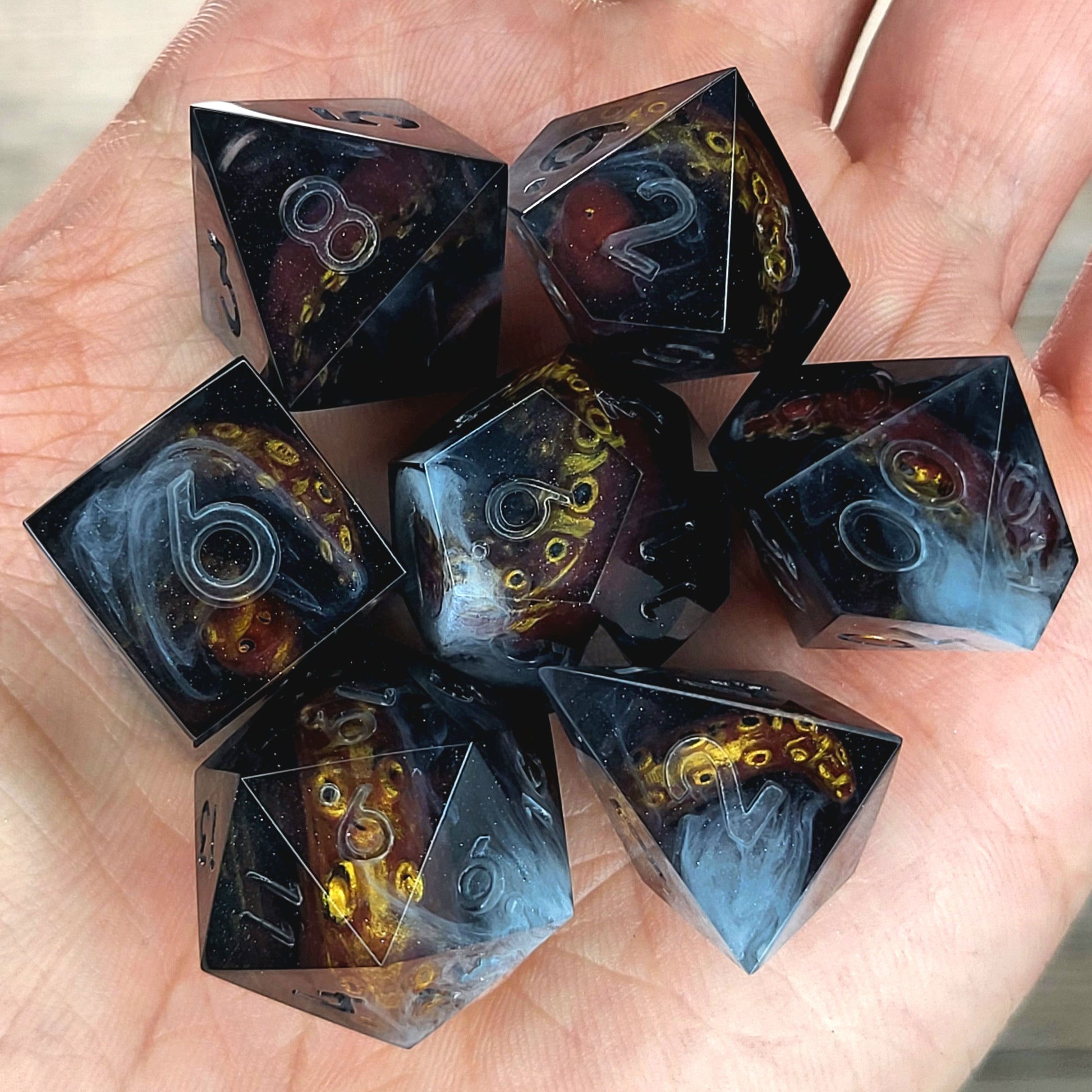 Dice set with white tentacles inside and for play dnd , dungeons and dragons and Call of Cthulhu