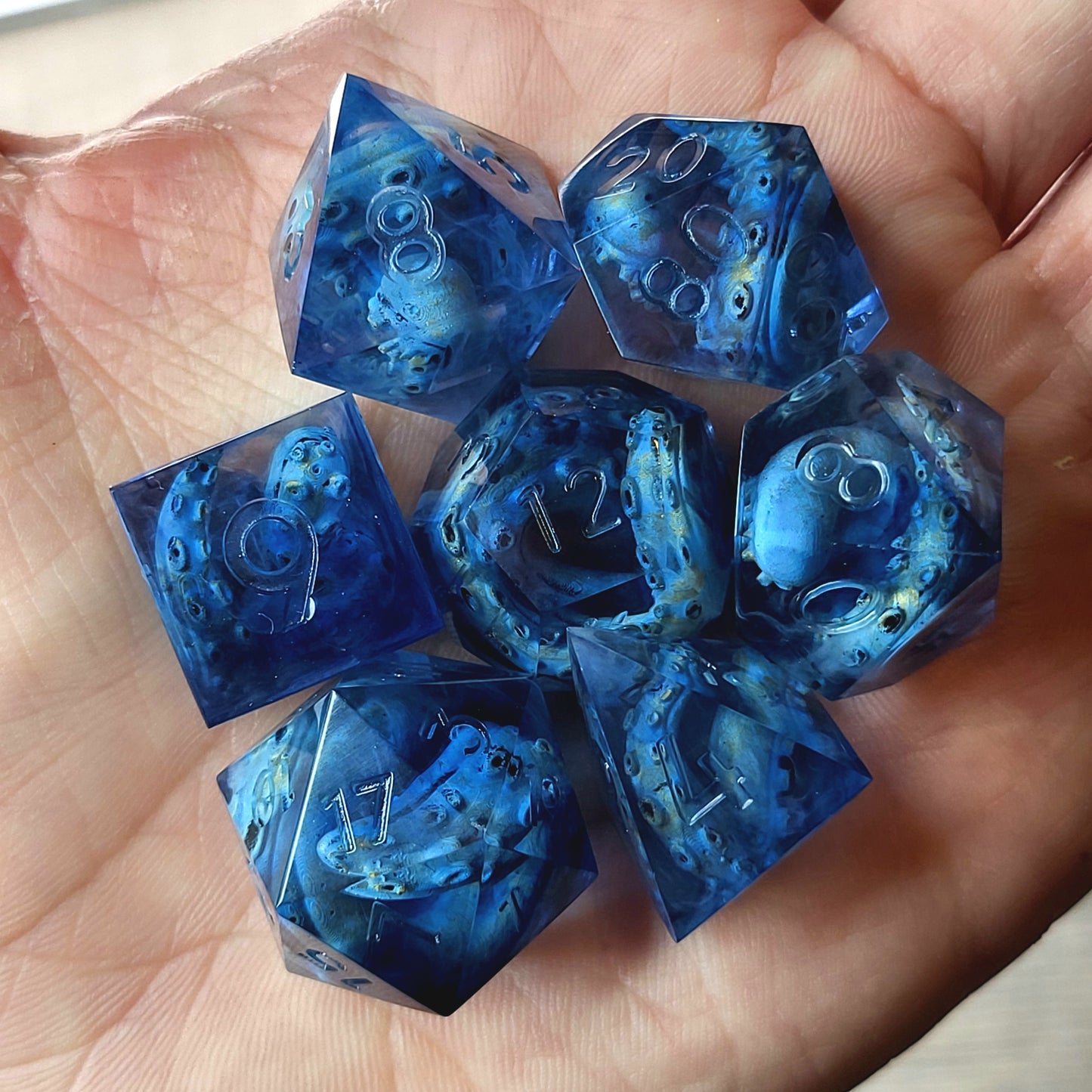 Dice set with white tentacles inside and for play dnd , dungeons and dragons and Call of Cthulhu