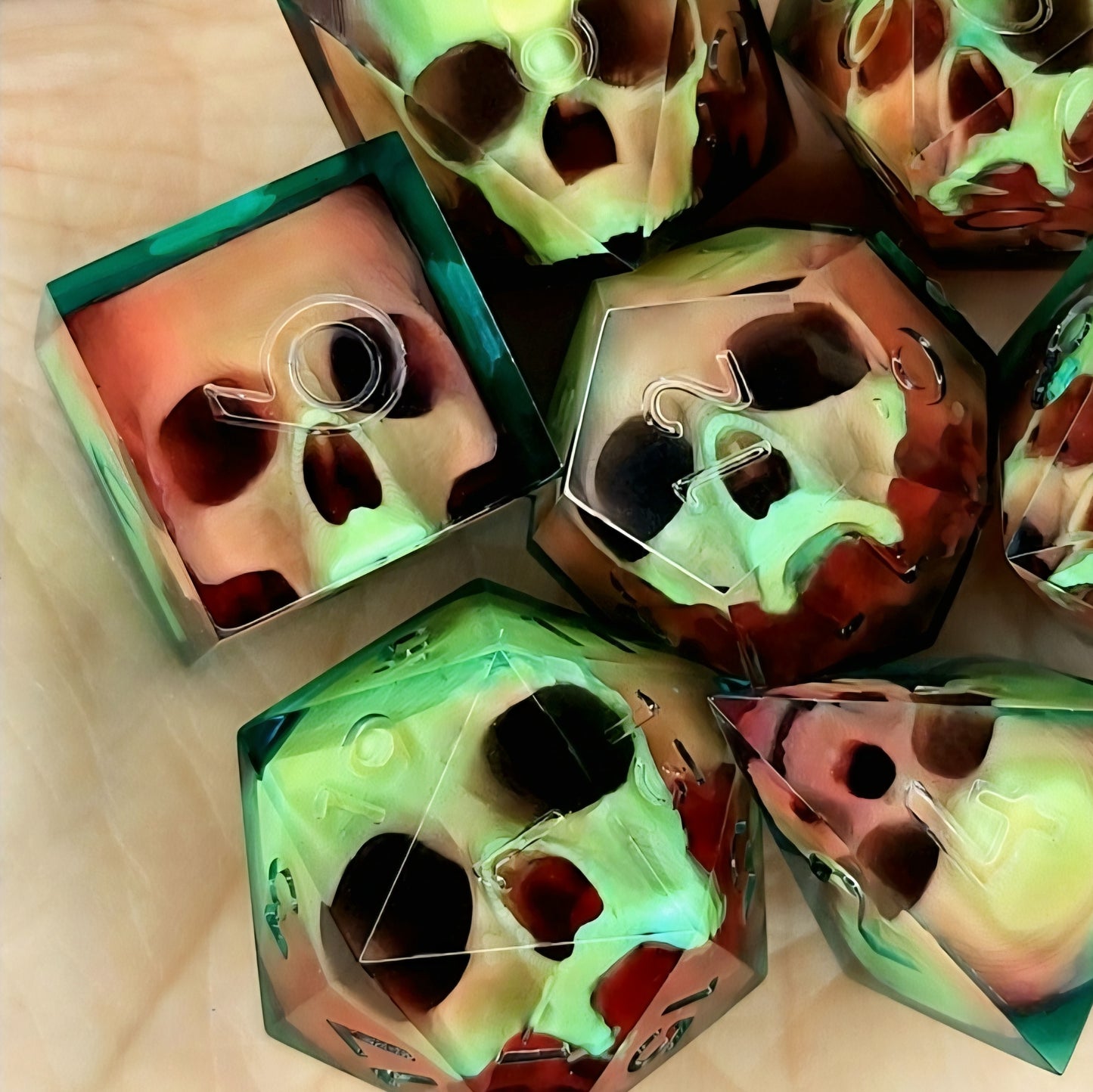 Handmade sharp edge resin dice set with floating skull design in transparent green and red resin