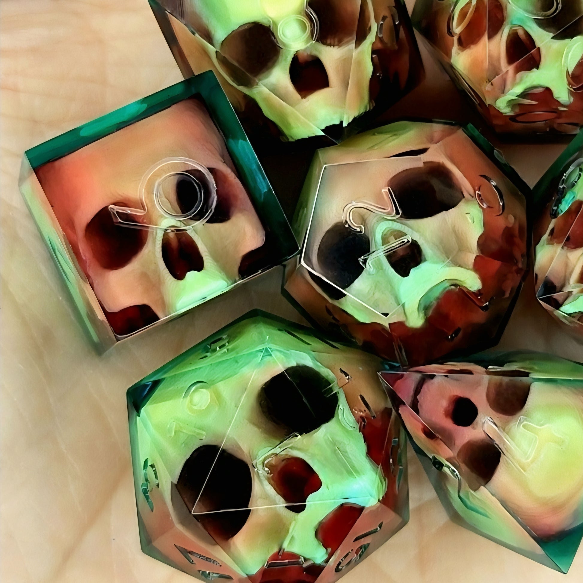 Handmade sharp edge resin dice set with floating skull design in transparent green and red resin