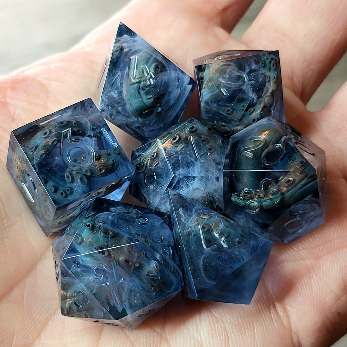 Dice set with white tentacles inside and for play dnd , dungeons and dragons and Call of Cthulhu