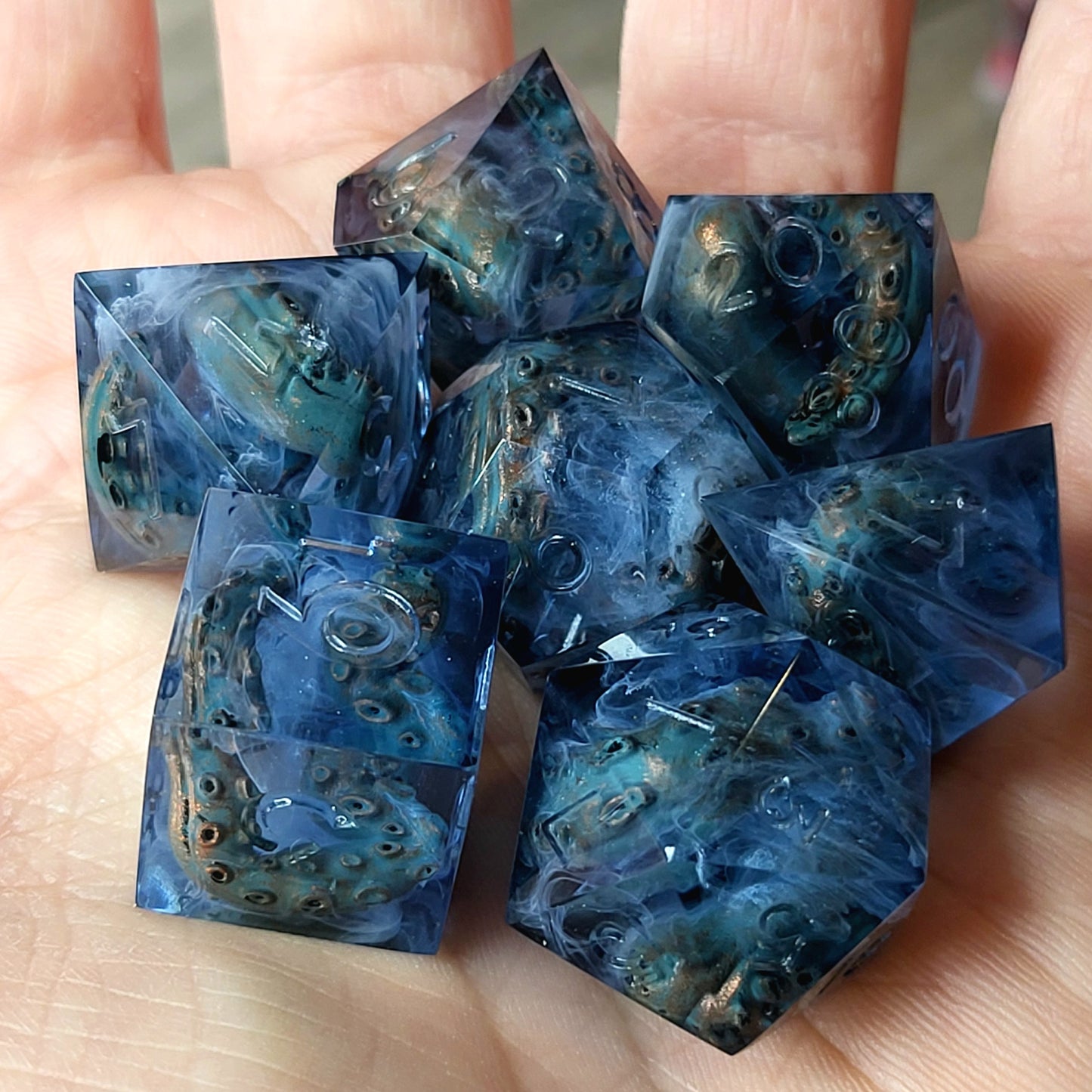Dice set with white tentacles inside and for play dnd , dungeons and dragons and Call of Cthulhu