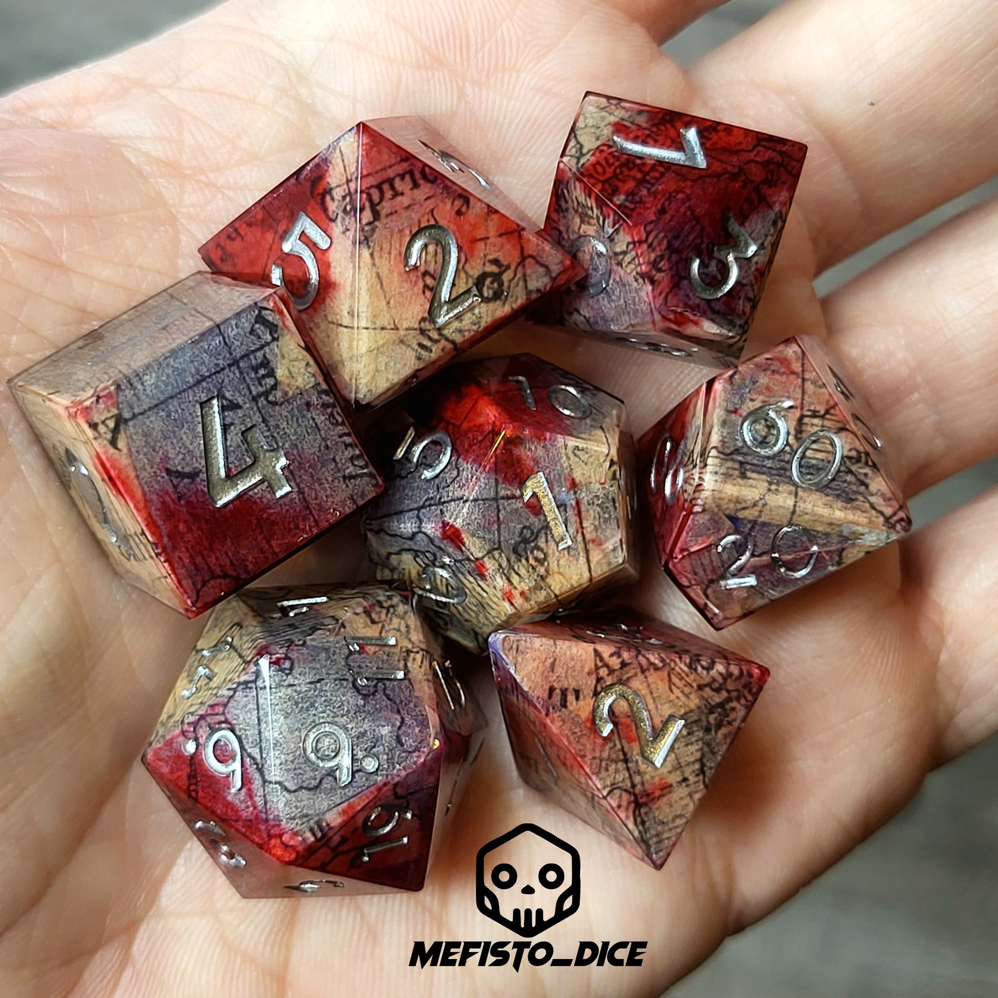 Dice set for dnd with a bloody map and silver numbers inside