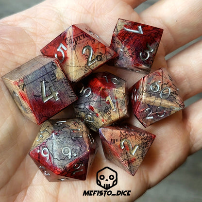 Dice set for dnd with a bloody map and silver numbers inside