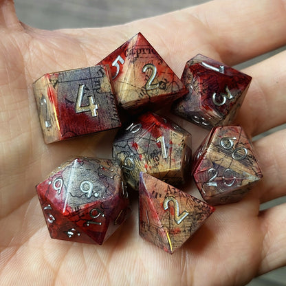 Dice set for dnd with a bloody map and silver numbers inside