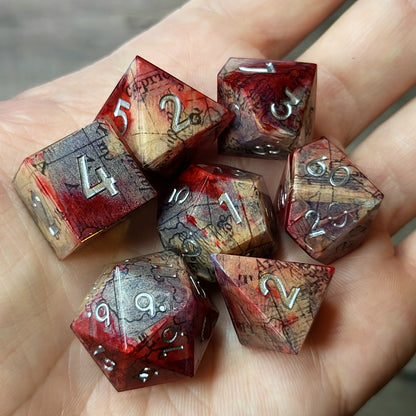 Dice set for dnd with a bloody map and silver numbers inside
