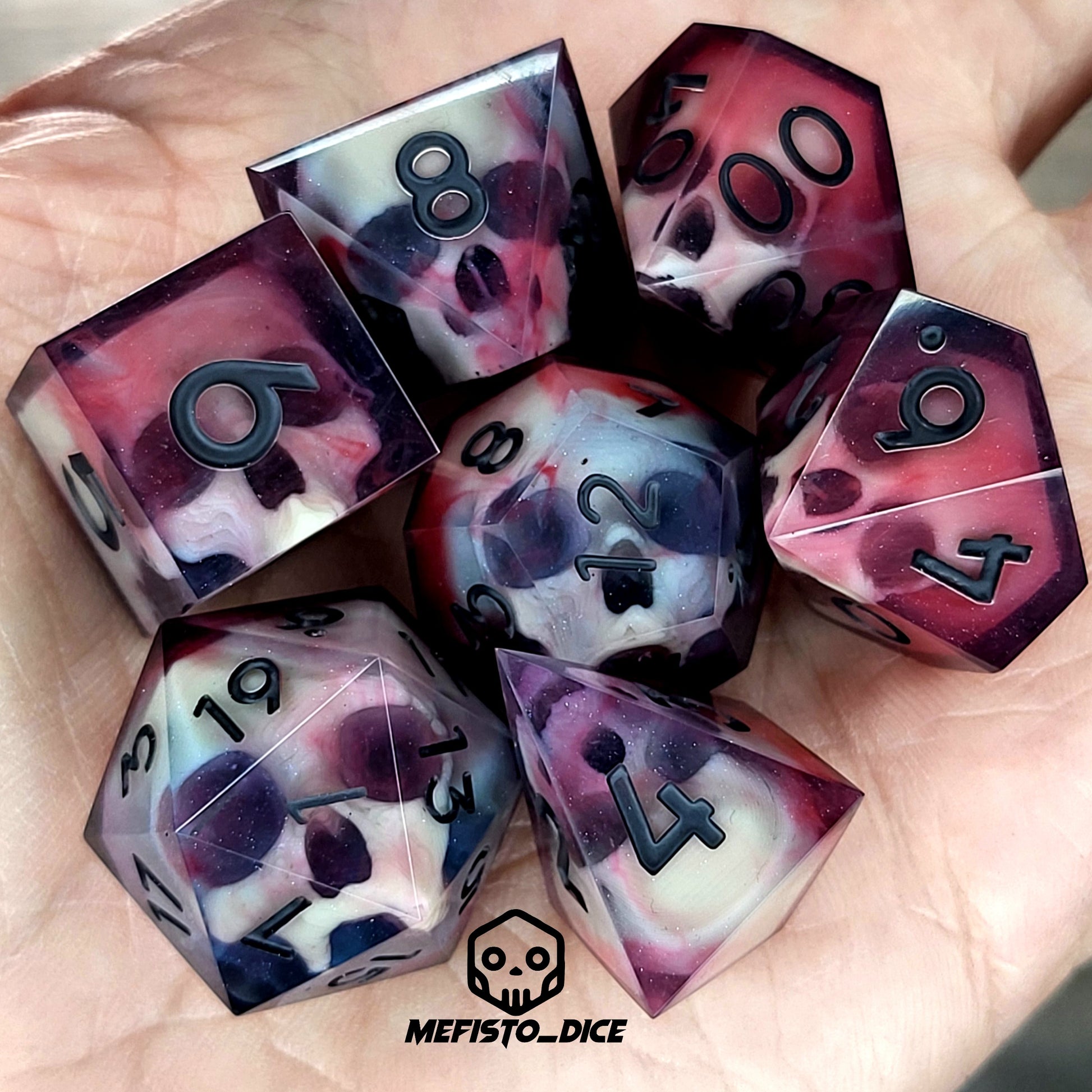 Dnd Dice set for role playing for Dungeons and Dragons with skull inside and black numbers
