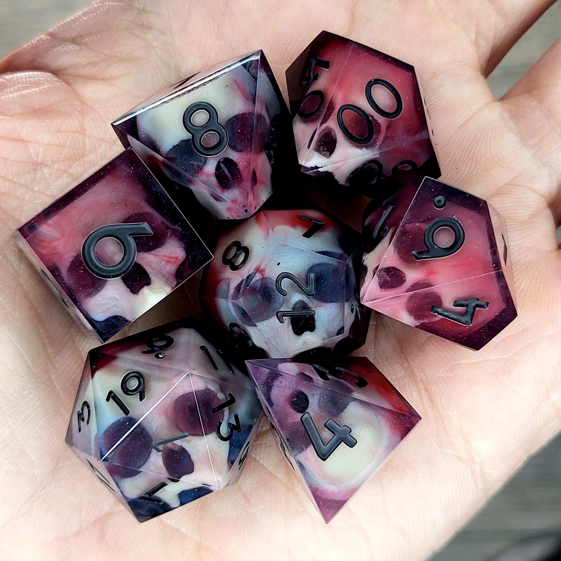 Dnd Dice set for role playing for Dungeons and Dragons with skull inside and black numbers