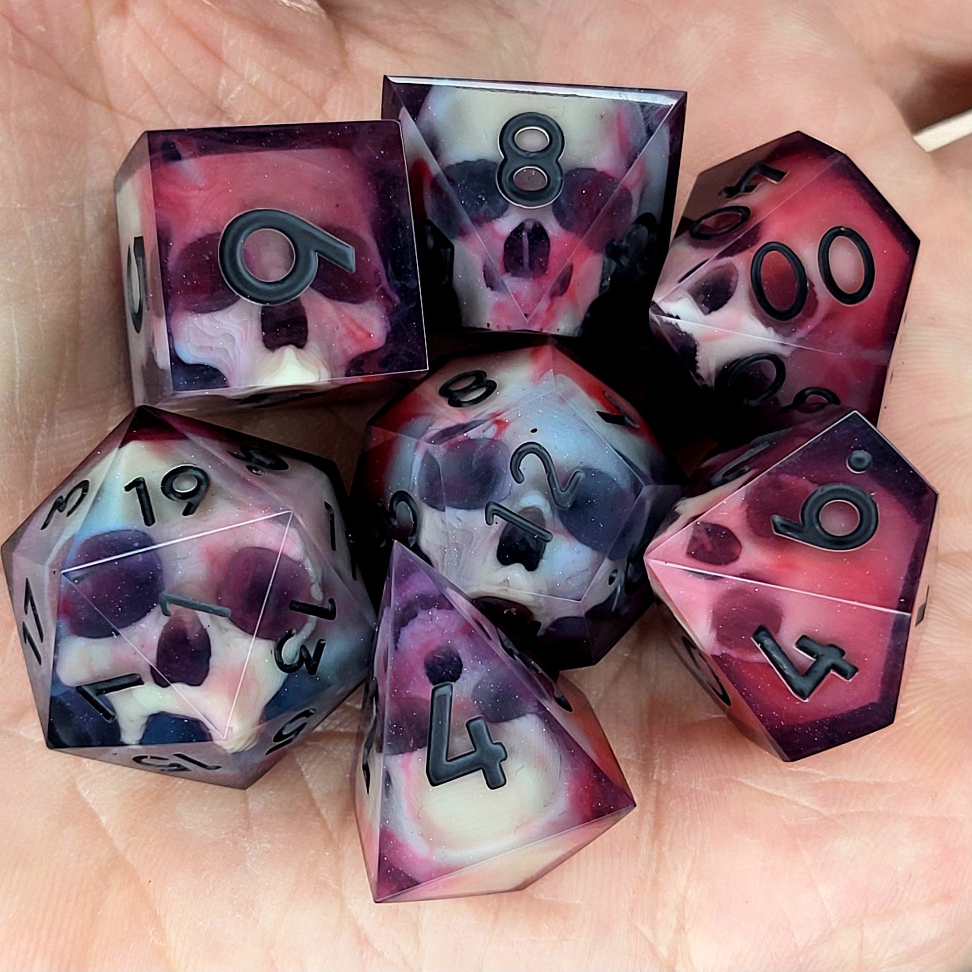 Dnd Dice set for role playing for Dungeons and Dragons with skull inside and black numbers