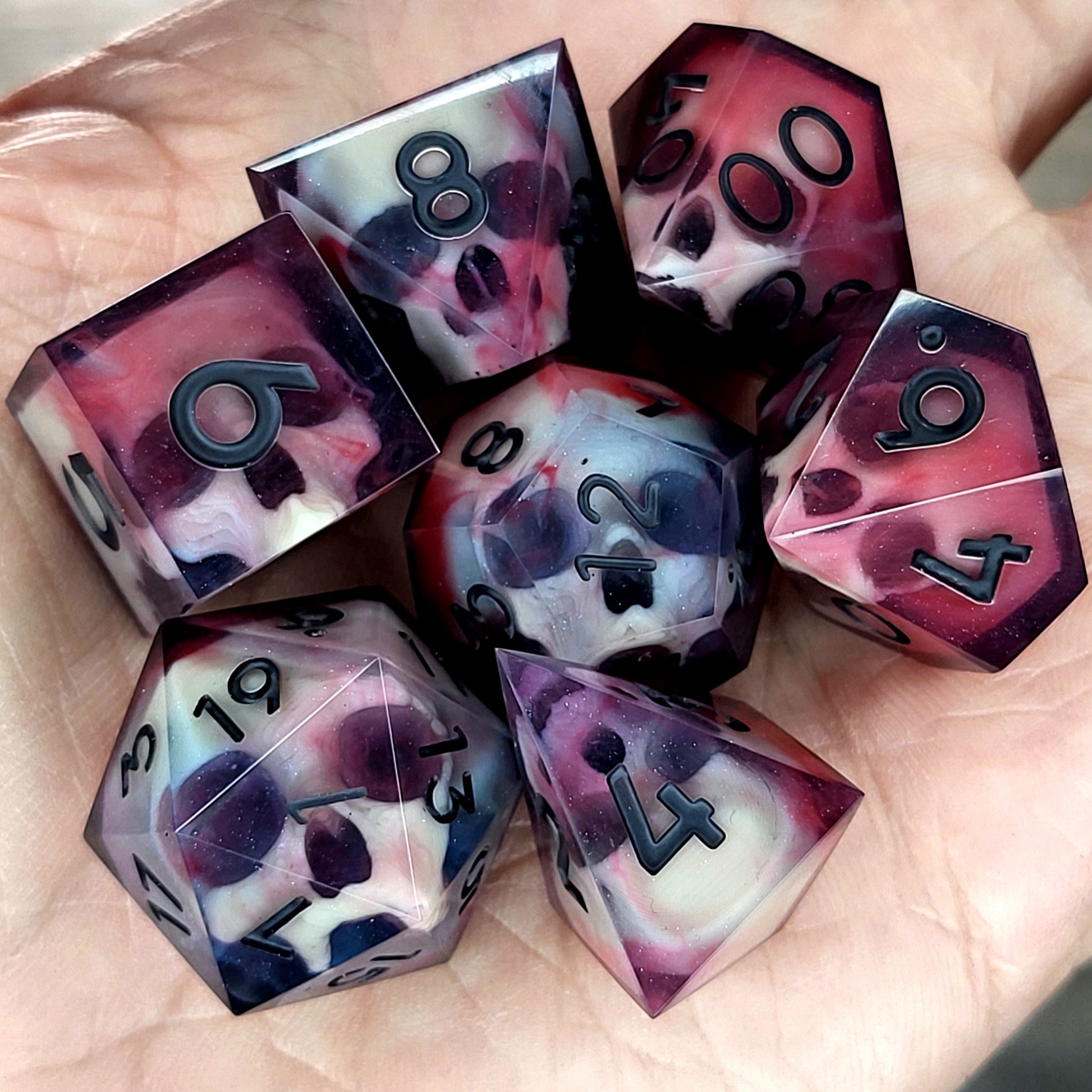 Dnd Dice set for role playing for Dungeons and Dragons with skull inside and black numbers