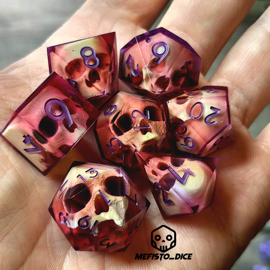 Dnd Dice set for role playing for Dungeons and Dragons with skull inside and purple numbers