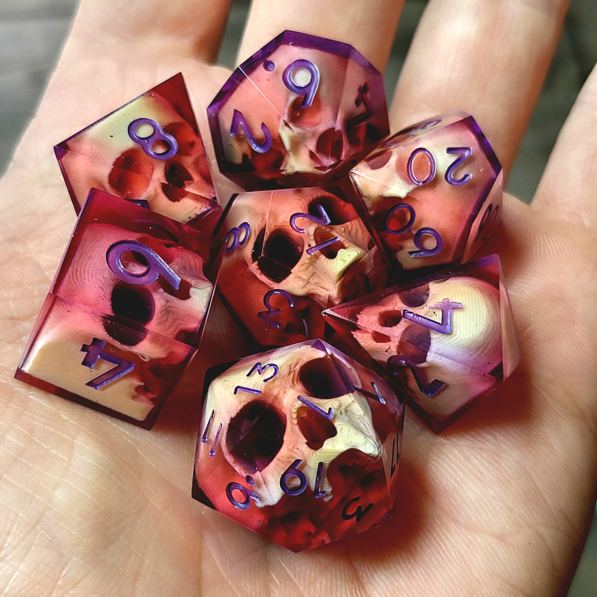 Dnd Dice set for role playing for Dungeons and Dragons with skull inside and purple numbers