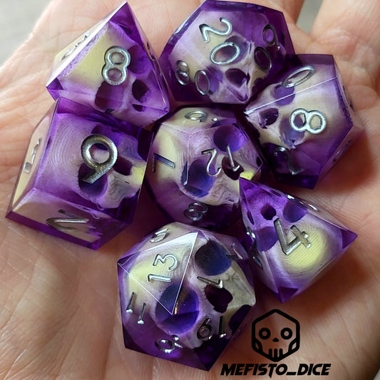 Dnd Dice set for role playing for Dungeons and Dragons with skull inside and silver numbers