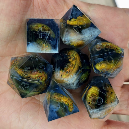 Dice set with white tentacles inside and for play dnd , dungeons and dragons and Call of Cthulhu