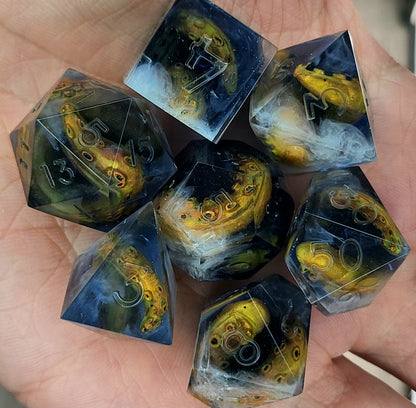 Dice set with white tentacles inside and for play dnd , dungeons and dragons and Call of Cthulhu