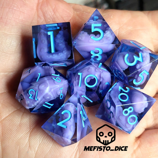 Dice set with purple tentacles inside and blue numbers for play dnd , dungeons and dragons and Call of Cthulhu
