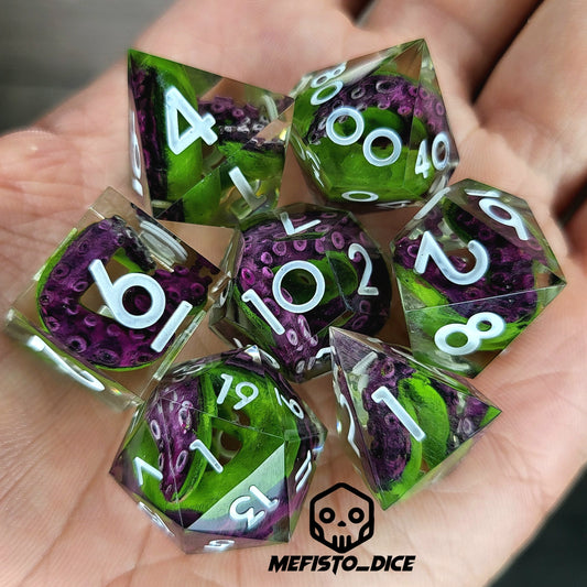 Dice set with green tentacles inside and white numbers for play dnd , dungeons and dragons